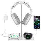 TopMade 5 in 1 Headphone Stand for Desk with Wireless Charger and USB Charging for iPhone/AirPods/iWatch, Universal Desktop Gaming Headset Holder for Airpods Max, Bose, Beats, Razer and More, White
