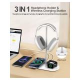 TopMade 5 in 1 Headphone Stand for Desk with Wireless Charger and USB Charging for iPhone/AirPods/iWatch, Universal Desktop Gaming Headset Holder for Airpods Max, Bose, Beats, Razer and More, White