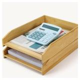 Multibey A4 Bamboo Stackable Paper Tray 2-Pack, 2-Tier Anti-Toppling Desk Organizer, Wooden Letter Document Magazine Tray Desktop File Folder Holder for Office and Home Supplies