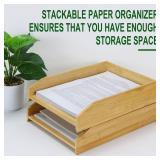 Multibey A4 Bamboo Stackable Paper Tray 2-Pack, 2-Tier Anti-Toppling Desk Organizer, Wooden Letter Document Magazine Tray Desktop File Folder Holder for Office and Home Supplies