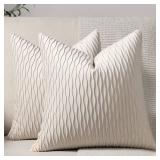 DEZENE Ivory White Couch Pillow Covers: 2 Pack 24x24 Inch Original Striped Velvet Square Throw Pillow Cases for Farmhouse Home Decor