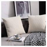 DEZENE Ivory White Couch Pillow Covers: 2 Pack 24x24 Inch Original Striped Velvet Square Throw Pillow Cases for Farmhouse Home Decor