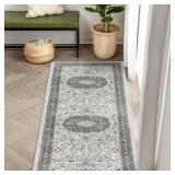 Hallway 2x6 Washable Runner Rug: Oriental Stain Resistant Kitchen Entryway Rugs Farmhouse Ultra Soft Bathroom Bedroom Print Floor Mat Thin Non Slip Indoor Carpet for Living Room Laudry (2 X 6, Grey)