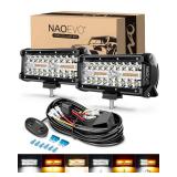 NAOEVO 7 Inch LED Light Bar, White Amber Offroad Fog/Driving Lights LED Pods with Strobe/Memory Function, 2 Leads Wiring Harness Included, Work for Truck Boat ATV UTV, 2-Pack (6 Modes)