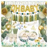 Guudmua 217 Pcs Sage Green Baby Shower Decorations, Neutral Baby Shower Decor Supplies- Disposable Dinnerware Set With Eucalyptus Leaf (25 Guest), \OH BABY\in Banner, Balloon, Sash, Cake Topperin