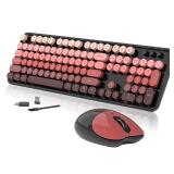 Wireless Keyboard and Mouse, 104 Round Keycaps Retro Typewriter with OTG and Brush, Full-Size Ergonomic, Ideal for Windows PC, Home, Office and College Black Pink