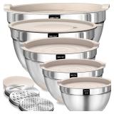 Umite Chef Mixing Bowls with Airtight Lids Set, 8PCS Stainless Steel Khaki Nesting Bowls with Grater Attachments, Kitchen Bowls with Non-Slip Bottoms, Size 5, 4, 3.5, 2, 1.5QT for Mixing and Serving