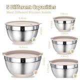 Umite Chef Mixing Bowls with Airtight Lids Set, 8PCS Stainless Steel Khaki Nesting Bowls with Grater Attachments, Kitchen Bowls with Non-Slip Bottoms, Size 5, 4, 3.5, 2, 1.5QT for Mixing and Serving