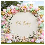 FIXORO 7.2FT Ivory Round Backdrop Cover for 5-7.2ft Circle Arch Stand with Oh Baby Decal Sign - Thick Fitted Spandex Arch Backdrop Cover for Baby Shower, Wedding Arch, Birthday Party and Photography