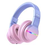 iClever BTH12 Kids Bluetooth Headphones,Colorful LED Lights,74/85dBA Safe Volume,85H Playtime,Fast Charging,Bluetooth 5.2,Over Ear Kids Headphones Wireles for iPad/Tablet/Airplane, Gradient Pink