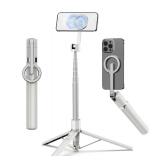 TONEOF 68\ Magnetic Selfie Stick Tripod with Aluminum Strong Magnetic Holder for Magsafe, 360° Rotatable Travel Phone Tripod Stand with Metal Ring and Rechargeable Remote for iPhone/Android(Beige Gra