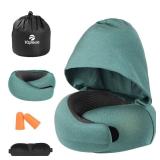 Vzpeun Travel Pillow - Hooded Neck Pillow Airplane Memory Foam Filling for Plane, Office, Cars Sleeping, Road Trip, Long Flights, Portable Plane Accessories, Includes Eye Mask and Earplugs (Green)