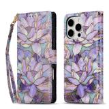 QLTYPRI for iPhone 16 Wallet Case, Premium Leather Magnetic UV-Printed Artwork Flip Case with RFID Blocking Card Slots Kickstand Protective Phone Cover for Women Girls - Purple Lotus