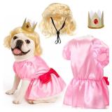 Huhumy 3 Pcs Halloween Princess Pet Costume Set, Pink Princess Pet Costume Including 1 Pink Dress, 1 Golden Wig, 1 Crown for Cosplay, Halloween Costumes, Small to Medium Body Types