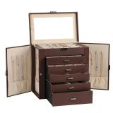 Frebeauty Large Jewelry Box,6-Tier PU Leather Jewelry Organizer,Multi-functional Storage Case with Mirror,Accessories Holder with 5 Drawers for Necklace Bracelets Watches(Dark Brown)