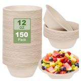 AOJOYS 150 Pack Paper Bowls Disposable 12 OZ - Heavy-Duty 100percent Compostable Eco-Friendly Biodegradable Soup Bowls, Heat Resistant Bagasse Bowls with Box, Suitable for Salad, Dessert, Milk, Cereal