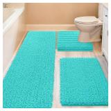 ACCUMTEK Upgrade Extra Large Teal Green Bathroom Rug Set 3 Pieces Ultra Soft, Thick Absorbent Bath Mats, Non Slip Chenille Toilet Mat for Bathroom, Bedroom, Kitchen, Turquoise