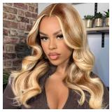 Omswet Highlight 5x5 HD Lace Body Wave Closure Human Hair Bob Wigs for Black Women Glueless Pre Plucked Pre Bleached Human Hair Wig 200 Density #4/27 Wear And Go Body Wave Bob Wig 16 Inch