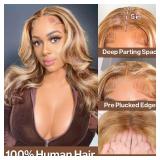 Omswet Highlight 5x5 HD Lace Body Wave Closure Human Hair Bob Wigs for Black Women Glueless Pre Plucked Pre Bleached Human Hair Wig 200 Density #4/27 Wear And Go Body Wave Bob Wig 16 Inch