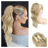 HOOJIH Clip in Ponytail Extension, Ponytail Extension 18 Inch Hair Ponytail Extension Wavy Ponytail Clip on Ponytail Synthetic Ponytail Hair Pieces for Women - Ombre Deep Blonde and Light Blonde