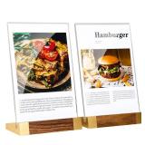 LIANHELILAI Acrylic Sign Holder 5\x7\in Tabletop Display Clear Sign Board with Wood-Color Base, Vertical for Store/Coffee Shop/Restaurant Menu Hotel/Office Display Holder, 2 Packin