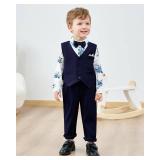 SOLOYEE Toddler Baby Boy Suit 12-18 Months Boys Gentleman Wedding Formal Outfits Long Sleeves Shirt+Bowtie+Vest+Suspender Pants Toddler Suits (12-18 Months, Navy Blue)
