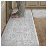 PureCozy Kitchen Mats 2PCS Anti Fatigue Cushioned Mat Gray Vintage Kitchen Mats for Floor Waterproof Non Slip Comfort Standing Grey Retro Floral Rug for Sink Laundry Office 17.3\x47\in+17.3\inx30\inin