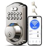 Veise VE012W Built-in WiFi Fingerprint Smart Lock, App Remote Control, Compatible with Alexa and Google Assistant, Keyless Entry for Front Door, Digital Keypad Deadbolt, Auto Lock, Satin Nickel