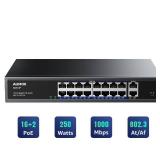 Aumox 18-Port Ethernet Gigabit PoE Switch, 16-Port PoE with 2 Uplink Gigabit Ports, 250W Built-in Power, Metal Casing and 19-inch Rackmount, Traffic Optimization, Plug and Play, Unmanaged