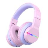 iClever BTH12 Kids Bluetooth Headphones,Colorful LED Lights,74/85dBA Safe Volume,85H Playtime,Bluetooth 5.2,Over Ear Headphones Built-in Mic for iPad/Tablet/Airplane,Blossom Pink