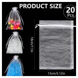 Teqooza Mini Organza Bag, 5 x 7 inch White Sheer Organza Jewelry Gift Bags, Party Favor Bags with Drawstring, Mesh Candy Bags for Wedding Halloween Christmas Party, 20 Pcs