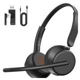 SEJJ Wireless Headset with Mic for Work, Bluetooth 5.4 Headphones with AI Noise-Canceling Mic for Clear Calls, Wireless Headsets with Mic Mute and USB A/C Dongle for PC, Computer, Laptop, Black