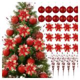 36 Pcs Large Glitter Red Poinsettia Christmas Tree Decorations