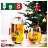 8 Pcs Christmas Wine Glasses 4 Glass Cups 16 oz & 4 Short Stemless Wine Glasses 11oz Glasses