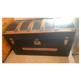 Early 1900s Travel Steamer Trunk with Ornate Metal Hardware