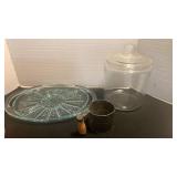 Serving platter, large glass jar and vintage sifter