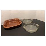 Pyrex glass pie pans and square ceramic baking pan