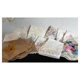 Apron, pillowcases, doilies and table toppers - crocheted and embroidered