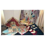 Handmade apron/smock, table runner, two unfinished pieces and two finished