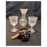 Antique sherry glasses with Cast Iron Civil War Cannon and vase with brass base