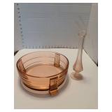 Vintage Fostoria Amber bowl, pink swung vase