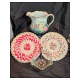 Hand painted pitcher, doilies, bowl and sugar spoon