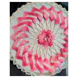 Hand painted pitcher, doilies, bowl and sugar spoon