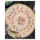 Hand painted pitcher, doilies, bowl and sugar spoon