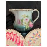 Hand painted pitcher, doilies, bowl and sugar spoon