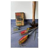 Hand tools, including a hammer and screwdrivers