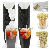 CAMKYDE 50 Sets Disposable Charcuterie Cups with Sticks and Bags, 12 oz Black Paper Snack Appetizers Cup French Fry Holder with Cocktail Picks Toothpicks (50 Cups+50 Bags+200 Sticks)