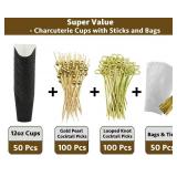 CAMKYDE 50 Sets Disposable Charcuterie Cups with Sticks and Bags, 12 oz Black Paper Snack Appetizers Cup French Fry Holder with Cocktail Picks Toothpicks (50 Cups+50 Bags+200 Sticks)