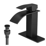 VOTON Black Bathroom Faucets Modern Waterfall Bathroom Sink Faucet Matte Black Single Handle Bathroom Faucet for 1 or 3 Holes with Deck Plate and Pop-Up Drain, Rv Sink Camper Farmhouse Bathroom Faucet