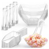 FoldTier 8oz 6 Clear Plastic Candy Bowls, 4 Scoops and 3Tongs Set Square Disposable Plastic Buffet Containers for Chip, Snacks Popcorn Candy Bar Birthday Party Supplies